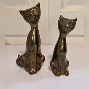 2 MCM Solid Brass Cat Figurines Mid Century Modern Siamese